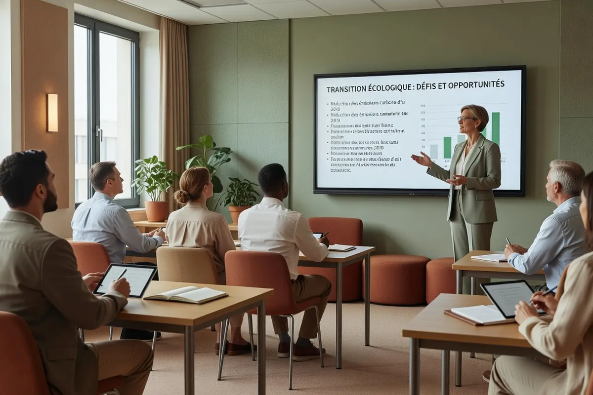 Salle de formation professionnelle pour adultes sur la transition écologique