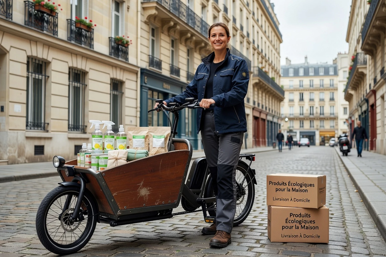 Professionnelle effectuant un service à domicile avec des produits écologiques et un vélo électrique