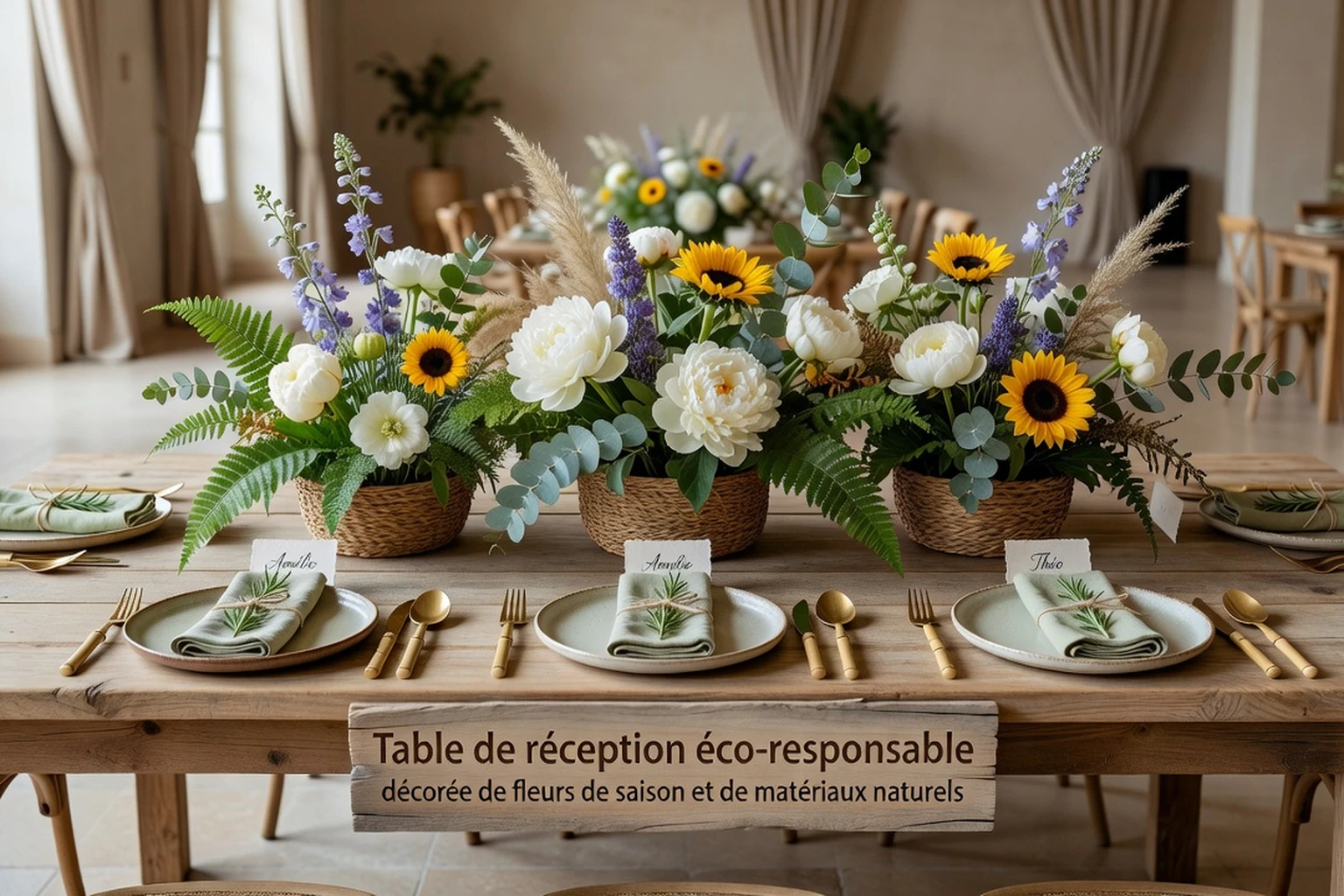 Table de réception de mariage éco-responsable décorée de fleurs de saison et de matériaux naturels