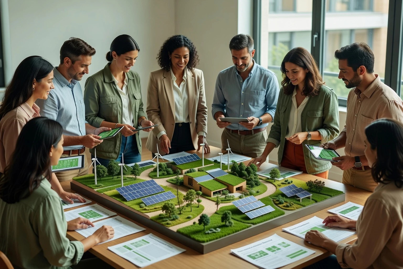 Professionnels des métiers verts en réunion autour d'une maquette de projet écologique