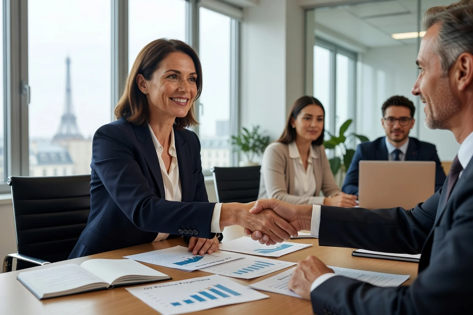 Dirigeante de PME presentant ses preuves RSE chiffrees a un donneur d'ordre